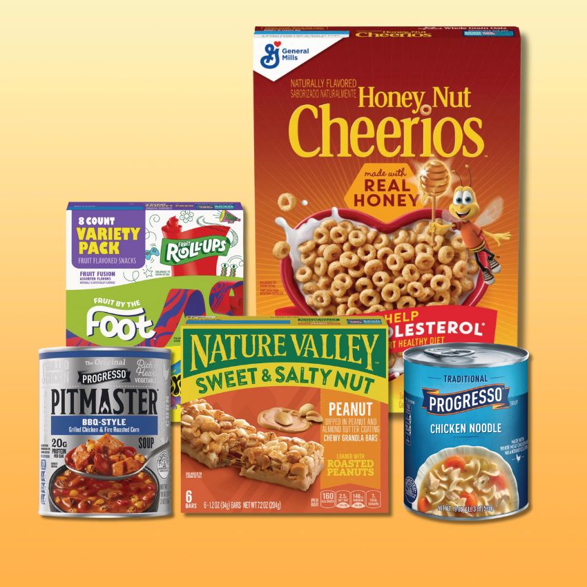 General Mills Cereal, Betty Crocker Fruit Snacks, Nature Valley Bars, or Progresso Soups