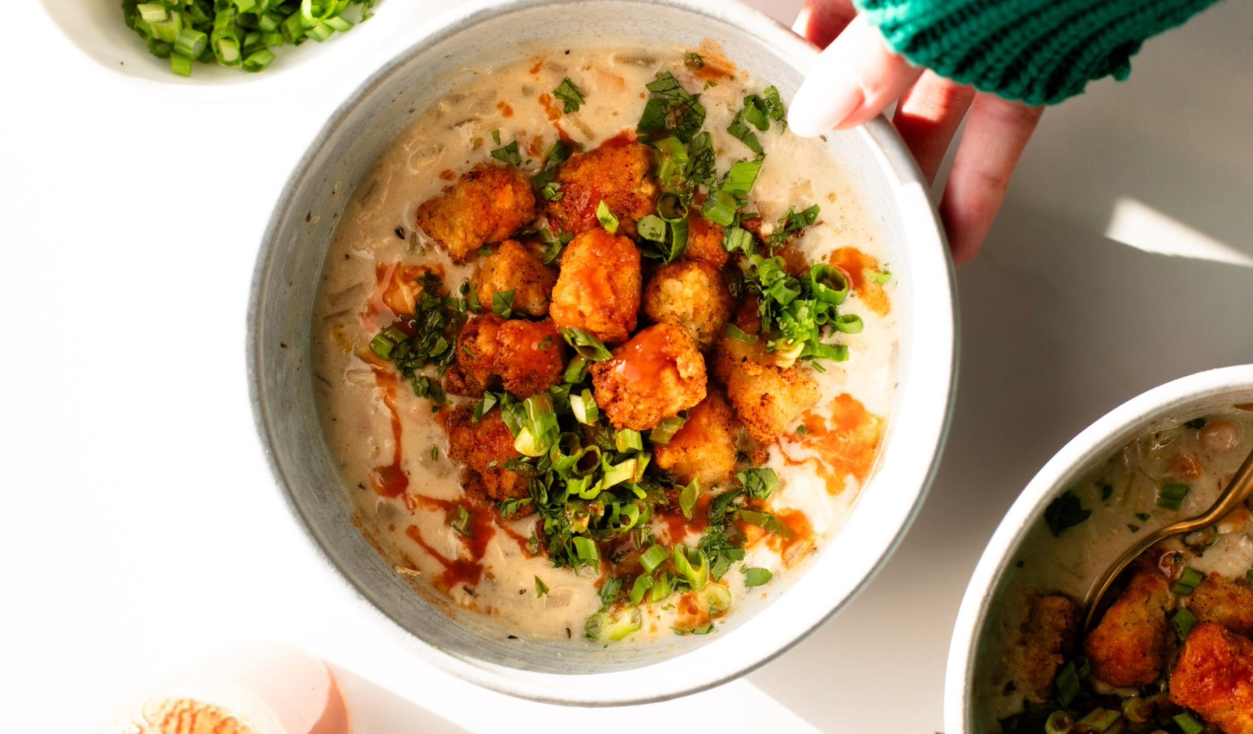 Spicy White Chicken Soup with Seasoned Tots